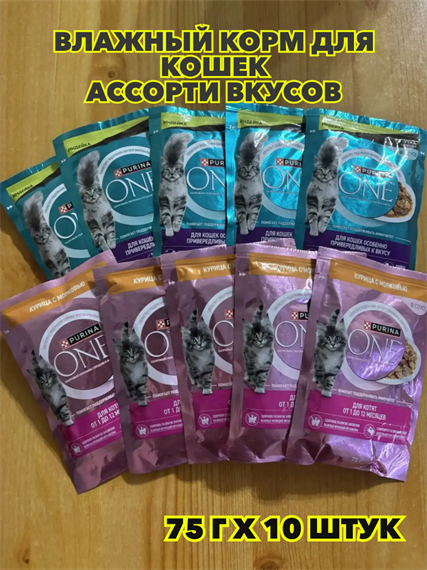Влажный корм Purina ONE 75гх10 штук, для кошек Ассорти Вкусов, n4434-169587 n4434-169587
