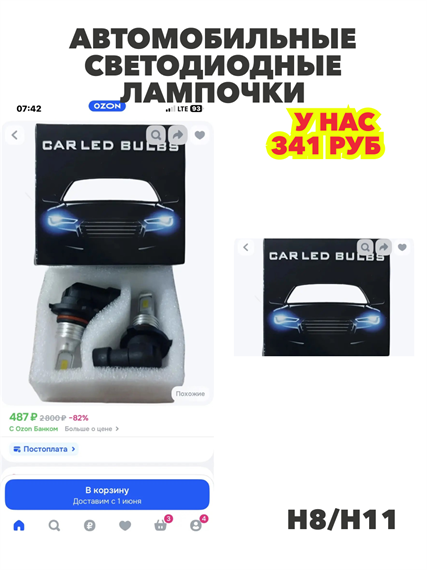 Автомобильные светодиодные лампочки цоколь Н8/Н11, n4911-269351 n4911-269351